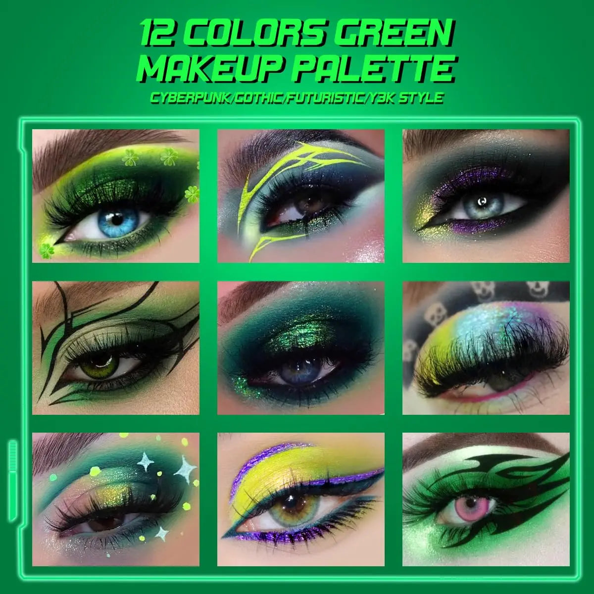 Afflano 12 Colors Cyber-Punk Green Eyeshadow Palette