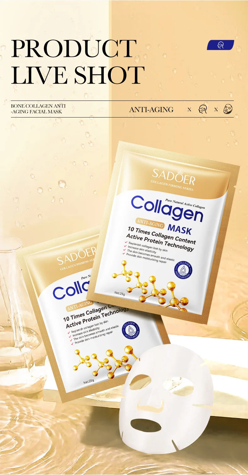SADOER Collagen Anti-Aging Face Mask – Maschera Viso Idratante e Illuminante (10 pz)