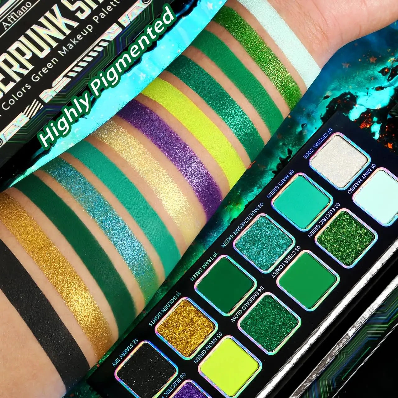Afflano 12 Colors Cyber-Punk Green Eyeshadow Palette