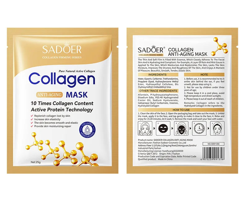 SADOER Collagen Anti-Aging Face Mask – Maschera Viso Idratante e Illuminante (10 pz)