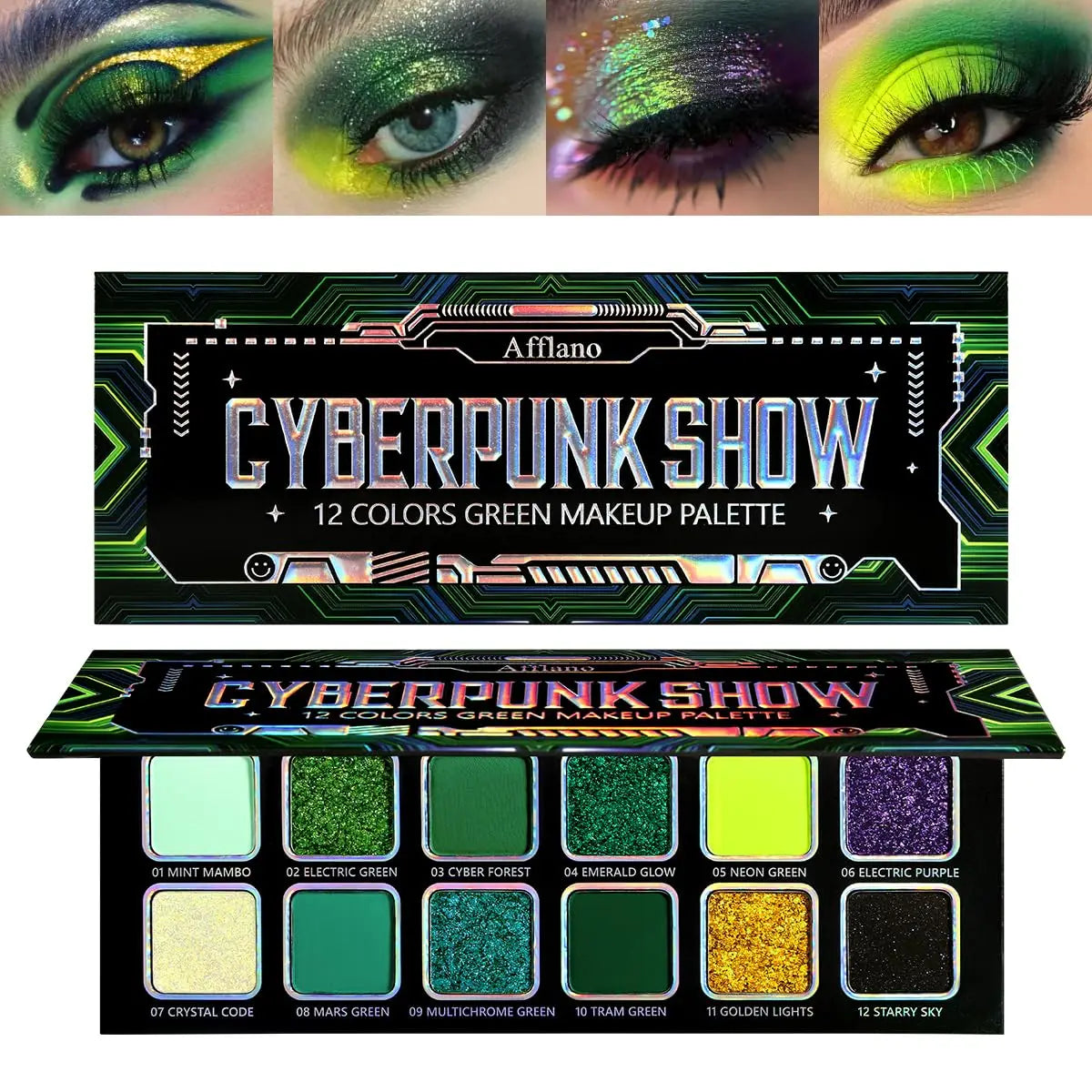 Afflano 12 Colors Cyber-Punk Green Eyeshadow Palette